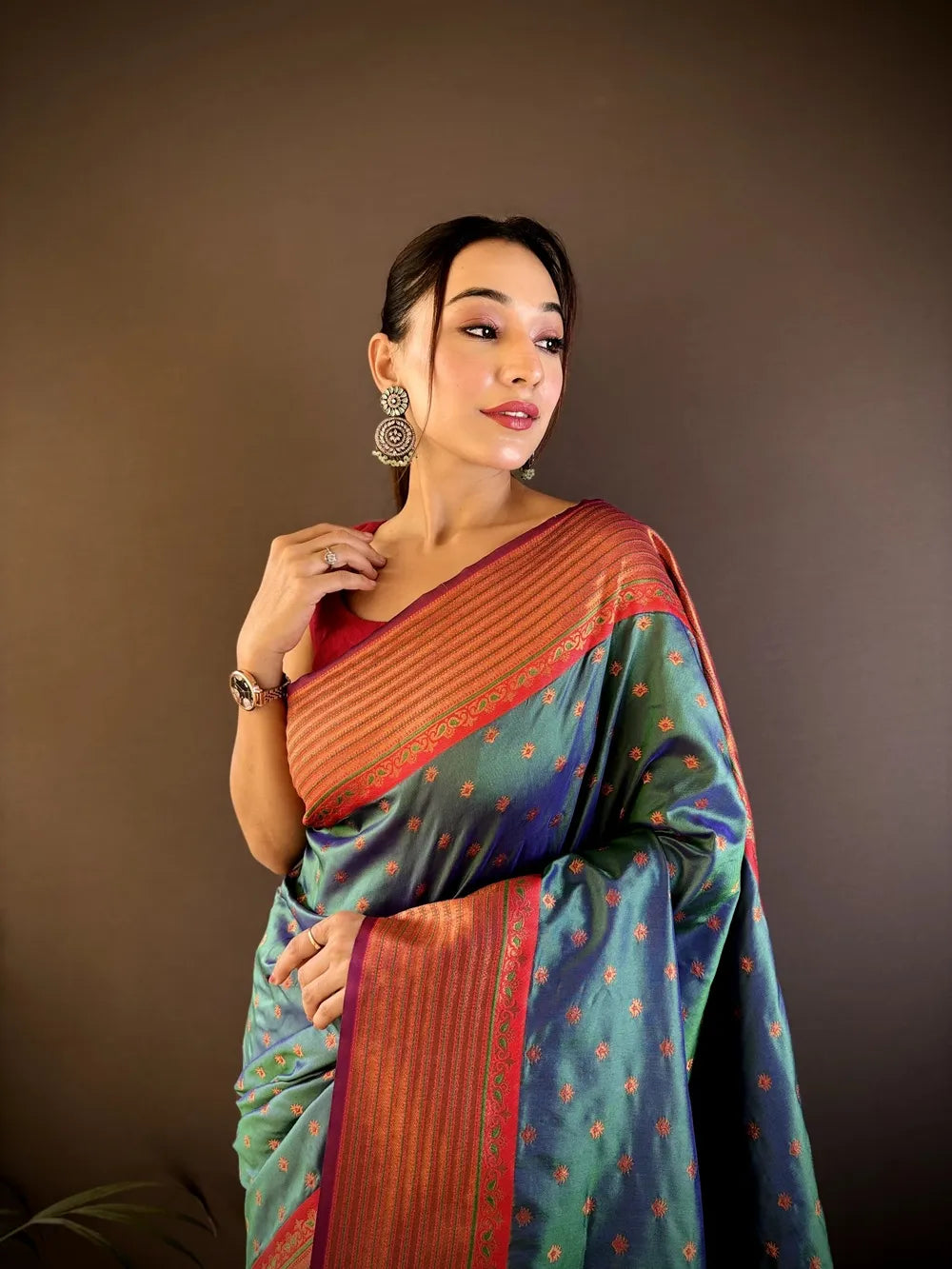 Paithani Silk Saree with Rich Copper Zari Weaving & Free Blouse (Peacock Green)